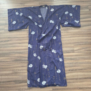 Vintage Made in Japan Cotton Kimono Robe Housecoat Navy Gold Medium